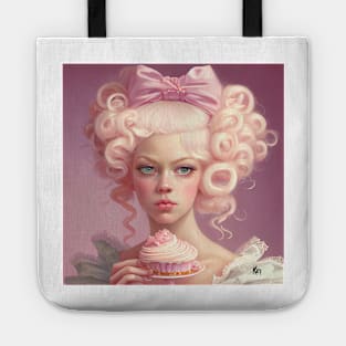 A young Marie Antoinette on pink with a sliding cupcake, Midjourney AI art Tote