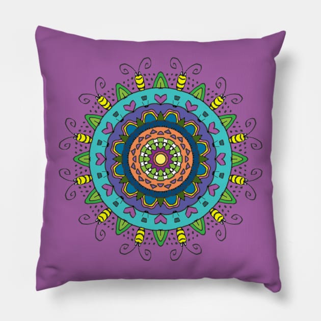 Colorful Mandala with Hearts and Bugs on Purple Pillow by karenmcfarland13