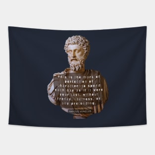 Marcus Aurelius colorful portrait and quote: This is the mark of perfection of character— Tapestry