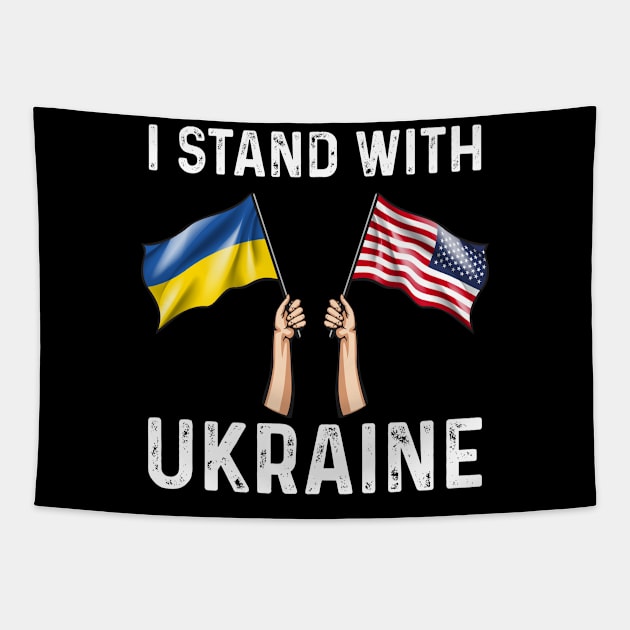 I Stand With Ukraine USA and Ukraine Flags Holding Hands Tapestry by BramCrye