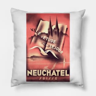 Neuchatel, Switzerland - Vintage Travel Poster Design Pillow