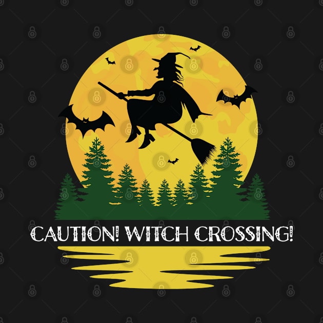 Halloween Caution! Witch Crossing! Flying on Broomstick Yellow Moon by CoffeeandTeas