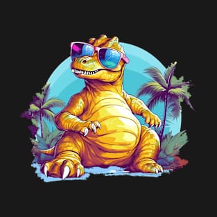 Tropical Dino Paradise: Dinosaur with Sunglasses and Palm Trees | Cartoon Realism T-Shirt