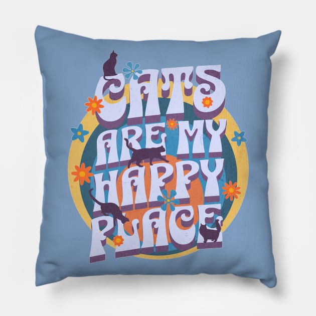 Cats are my Happy Place - Cats & flowers in a retro vintage design Pillow by Off the Page