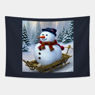 Cute Snowman Riding a Sledge Tapestry