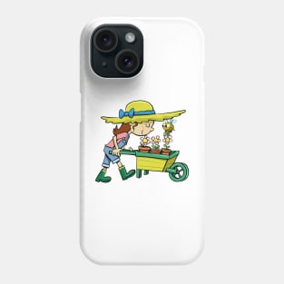 gardener with a wheelbarrow and pots of flowers Phone Case