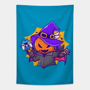 Cute Witch Pumpkin Gaming Cartoon Tapestry