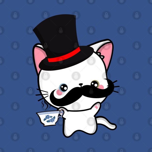 Sophisticated White Angora Cat Drinking Tea wearing a top hat by Pet Station