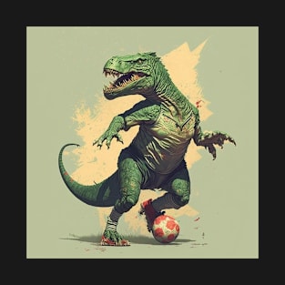 Soccer dinosaur playing football Green t-shirt T-Shirt