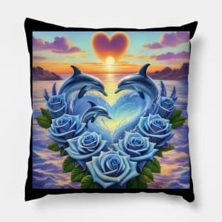 Dolphin Hearts Of Love With Blue Roses At Sunset 5 Pillow