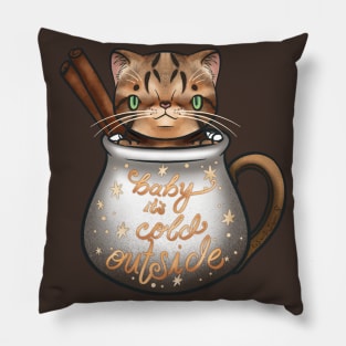 “Baby it’s cold outside” Cinnamon the tabby cat in a teacup for Christmas Pillow