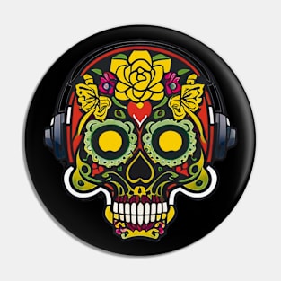 Musical Love: Sugar Skull Art - Forehead Heart and Headphones Pin