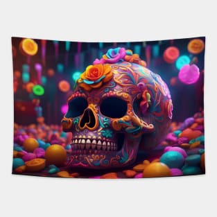 Colorful Flower Pattern on Skull Tapestry