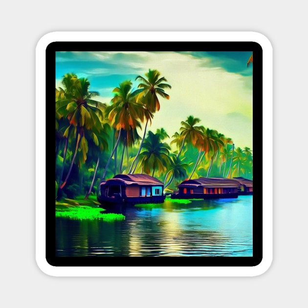 Elegant Kerala natural landscape of coconut trees sunset sky river and houseboat Magnet by Mandalasia