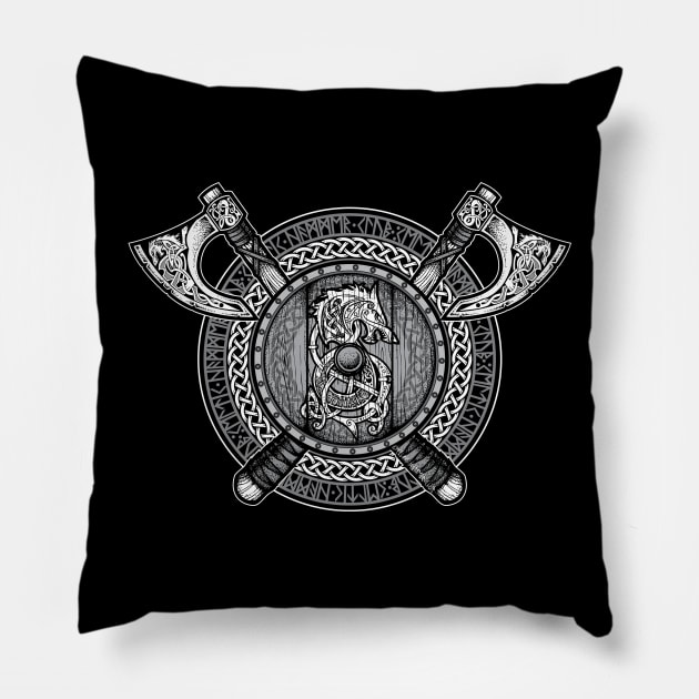 Fenrir Viking Shield (Grayscale) Pillow by celtichammerclub