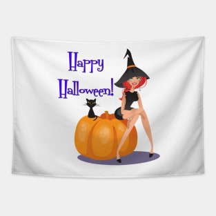 Happy Halloween Witch on Pumpkin Tapestry