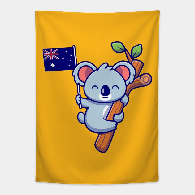 Cute Koala Hanging On Tree And Holding Australian Flag Tapestry by Catalyst Labs