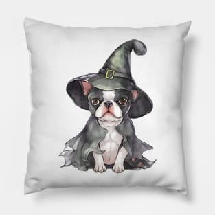 Watercolor Boston Terrier Dog in Witch Hat Pillow