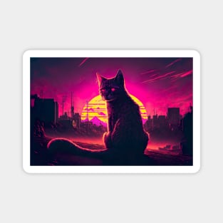 Stray Cat Watching Synthwave Sunset In Apocalyptic City Magnet