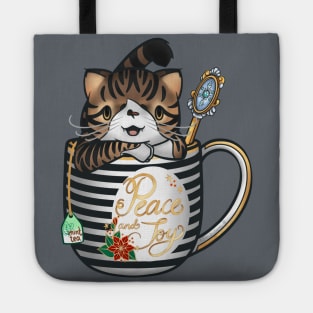 “Peace and Joy” Spice the tabby cat in a teacup keeping warm for the holidays Tote