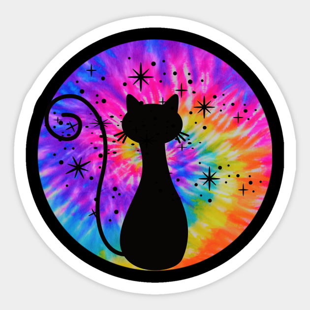 Tie Dye Black Cat: Rainbow Pink Trippy Hippie, Boho Psychedelic, Retro Vintage Sunset Vibe - Tie Dye Cat - Sticker