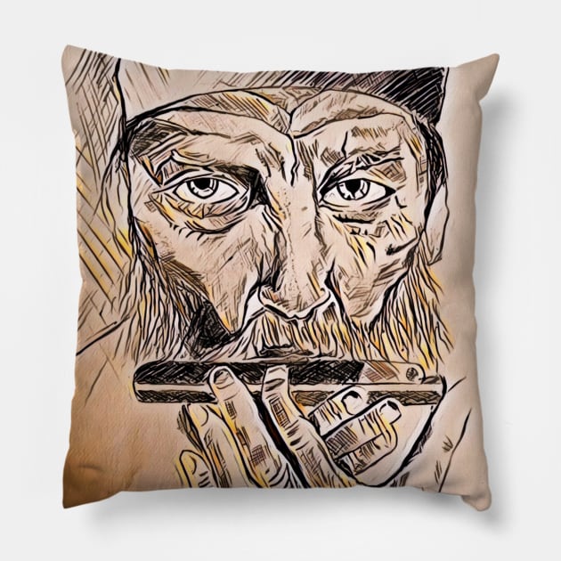 Old man and his flute Pillow by Art by Awais Khan