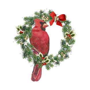 Red Watercolor Cardinal on a Holiday Wreath T-Shirt