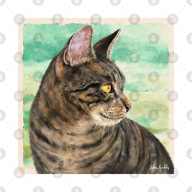 Painting of a Gray Cat with Stripes Looking to the Right, Green Yellow Background by ibadishi