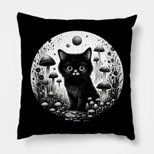 Black cat mushroom field Pillow