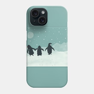 Penguin family walking in the moonlit snow Phone Case