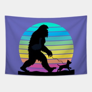 Big Foot walking a Dog Gradient Sunset Tapestry