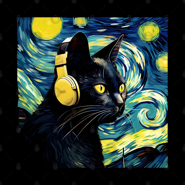 Starry Night Black Cat Wearing Headphones by VisionDesigner