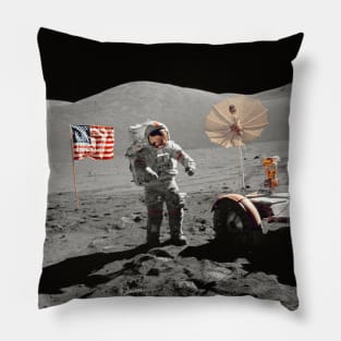 Astronaut Walking on Moon, Lunar Roving Vehicle, USA flag Pillow