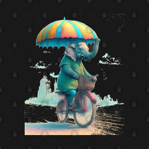 An elephant on a bicycle, holding an umbrella. by DesignersPrints2023