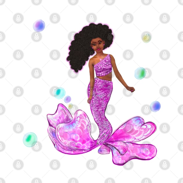 Mermaid - Coco the Magical rainbow mermaid with brown eyes, flowing Afro hair and caramel brown skin - light background by Artonmytee