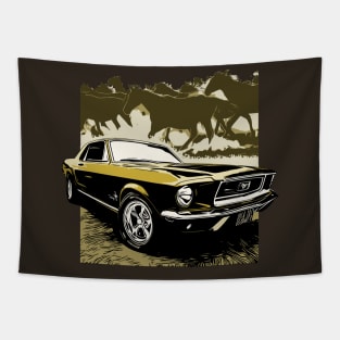 Gold 1968 Ford Mustang with Horses Tapestry