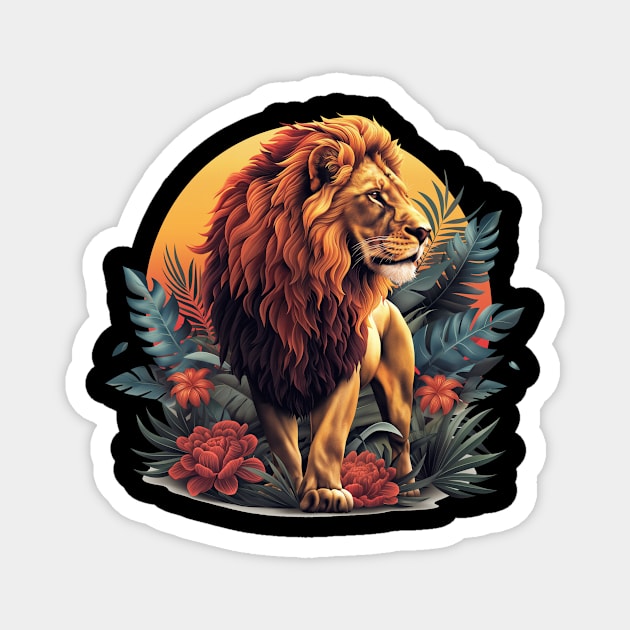 A Proud Lion At Sunset Red Flowers In The Jungle The King of the Jungle Lion Magnet by Tees 4 Thee