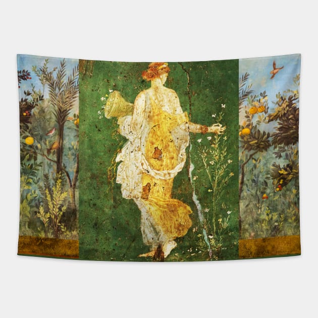 FLORA,POMPEII ,ANTIQUE ROMAN WALL PAINTINGS Flower Garden Flying Birds ,Quince and Apple Trees Tapestry by BulganLumini