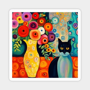 Black and Blue Cat in Still Life Painting with Flower Vase Magnet