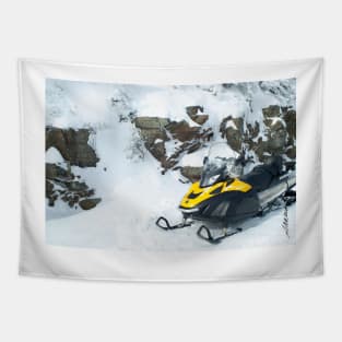 Yellow Snowmobile on Killington Summit Tapestry