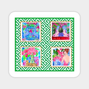 Preppy prints on green lattice Magnet