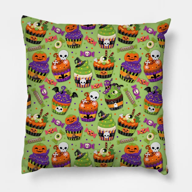 Creepy Cupcake and Candy Halloween Pattern On Green Pillow by Gsallicat
