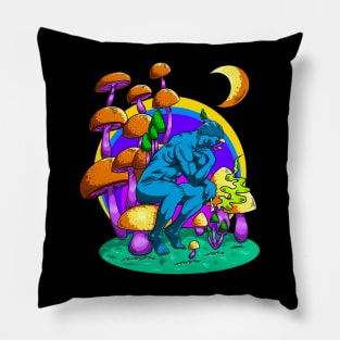 Abstract Man thinks life with mushrooms. Pillow