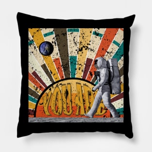 Astronaut in front of vintage stripes design, picture. Orange, gold, brown. Pillow