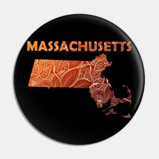 Colorful mandala art map of Massachusetts with text in brown and orange Pin