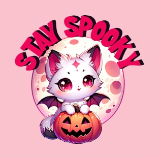 Stay Spooky Cute Kawaii Halloween Cat with Bat Wings T-Shirt