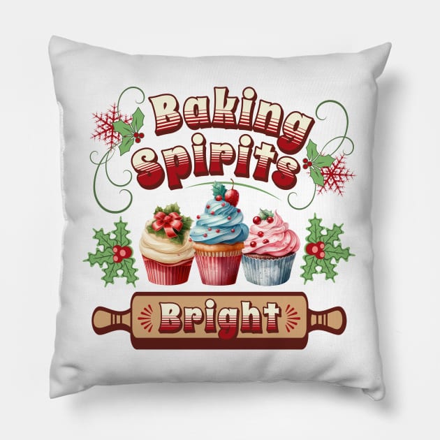 Baking Spirits Bright Vintage Christmas Cupcakes Pillow by TheCloakedOak
