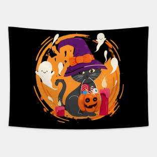 Catoween Halloween Cat Pumpkin And Candles Tapestry