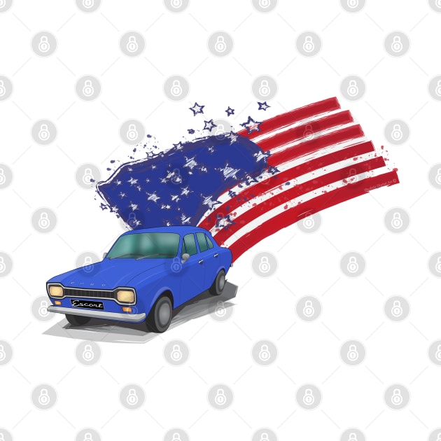 Iconic Ford Escort From the 70s with the American Flag behind - illustration by ibadishi