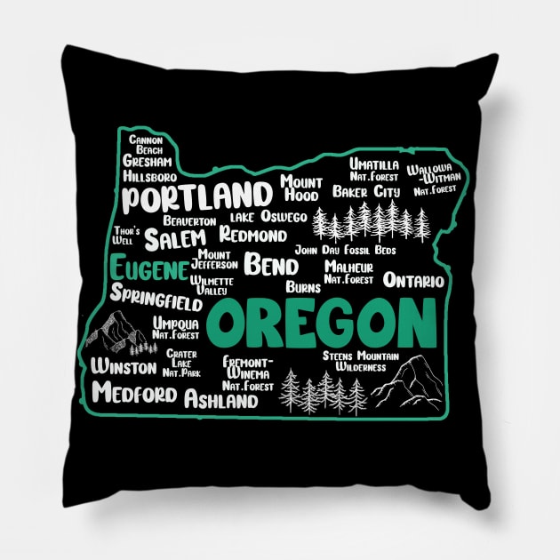 Cute map of Eugene Oregon, Portland, Salem, Springfield, Bend, Ontario, Medford Pillow by BoogieCreates